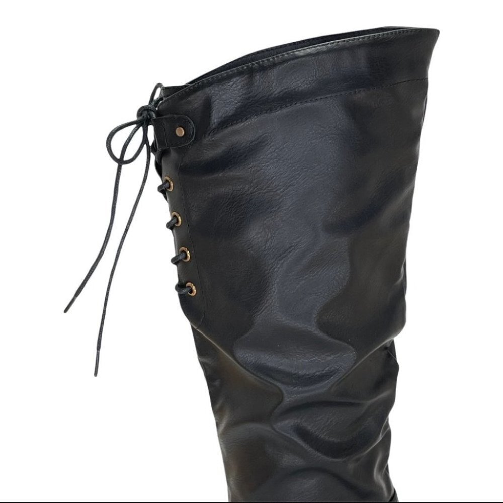 XOXO Montclair Black Faux Leather Tie Back Womens Knee High Boots Size 6M - Picture 11 of 16